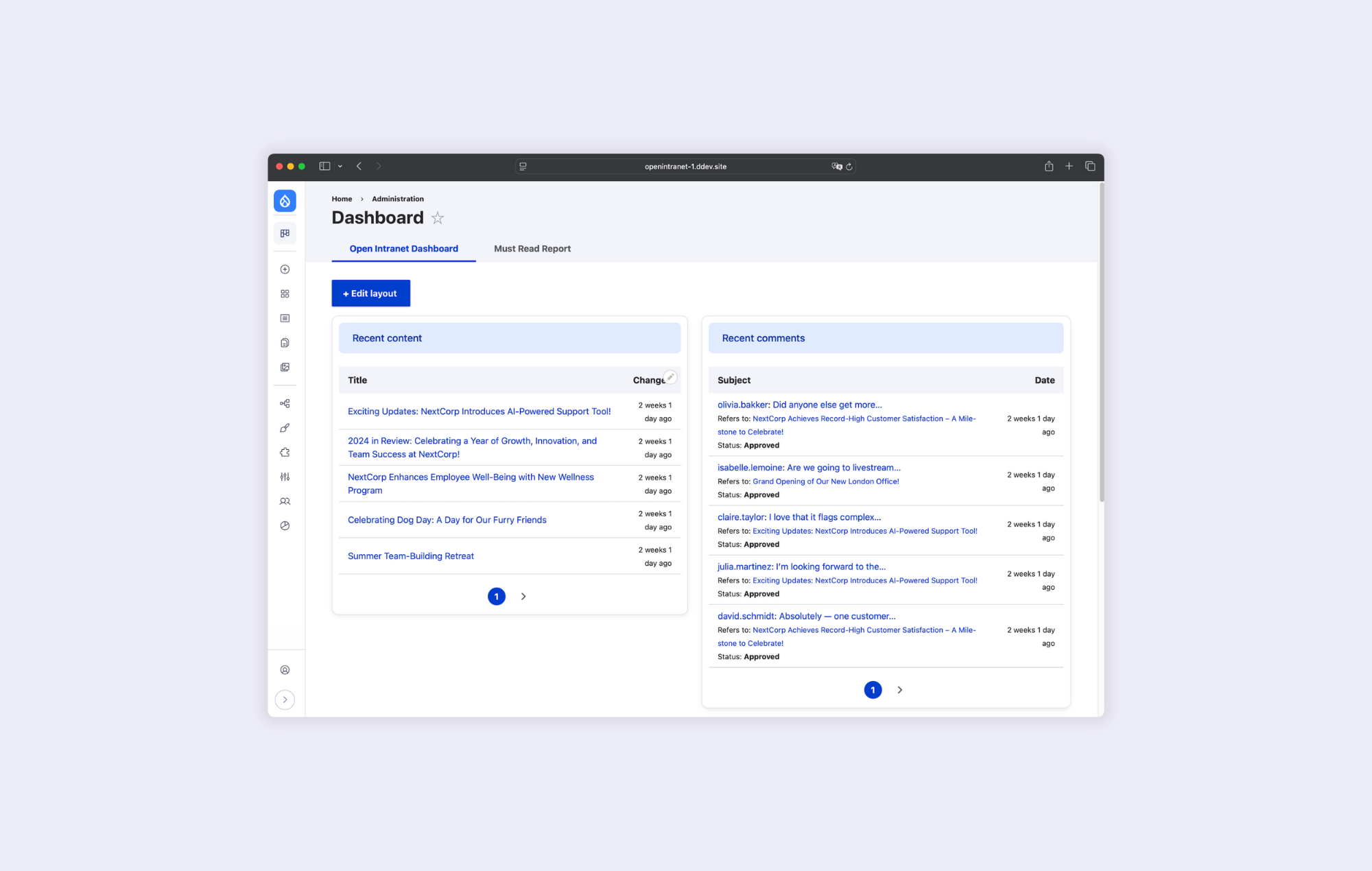 Panel nawigacyjny w systemie Open Intranet, który można skonfigurować zgodnie z potrzebami użytkownika.