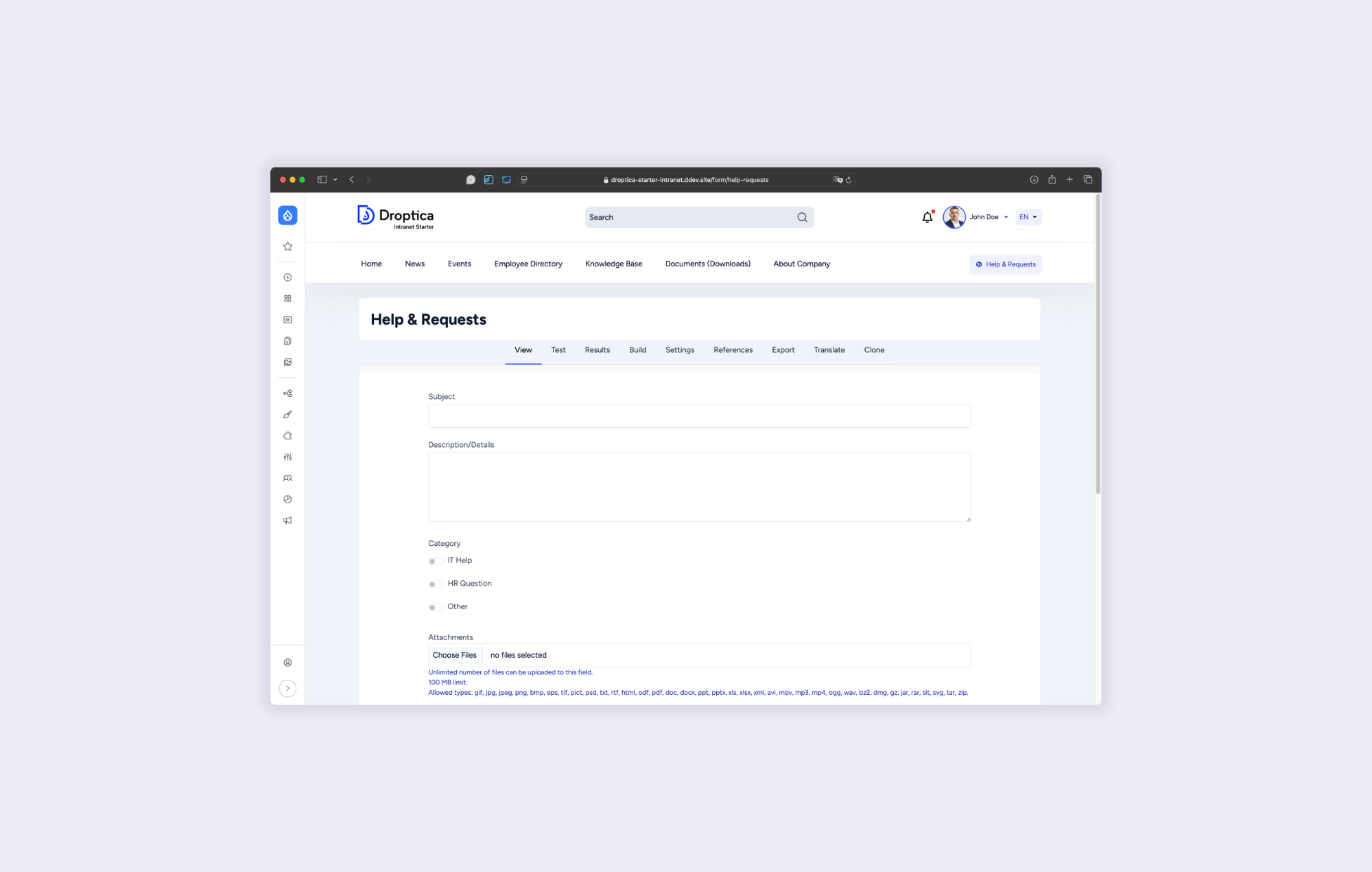 Ekran z formularzem wewnętrznym do zgłaszania wniosków (np. urlopowych) w gotowym intranecie Droptica.