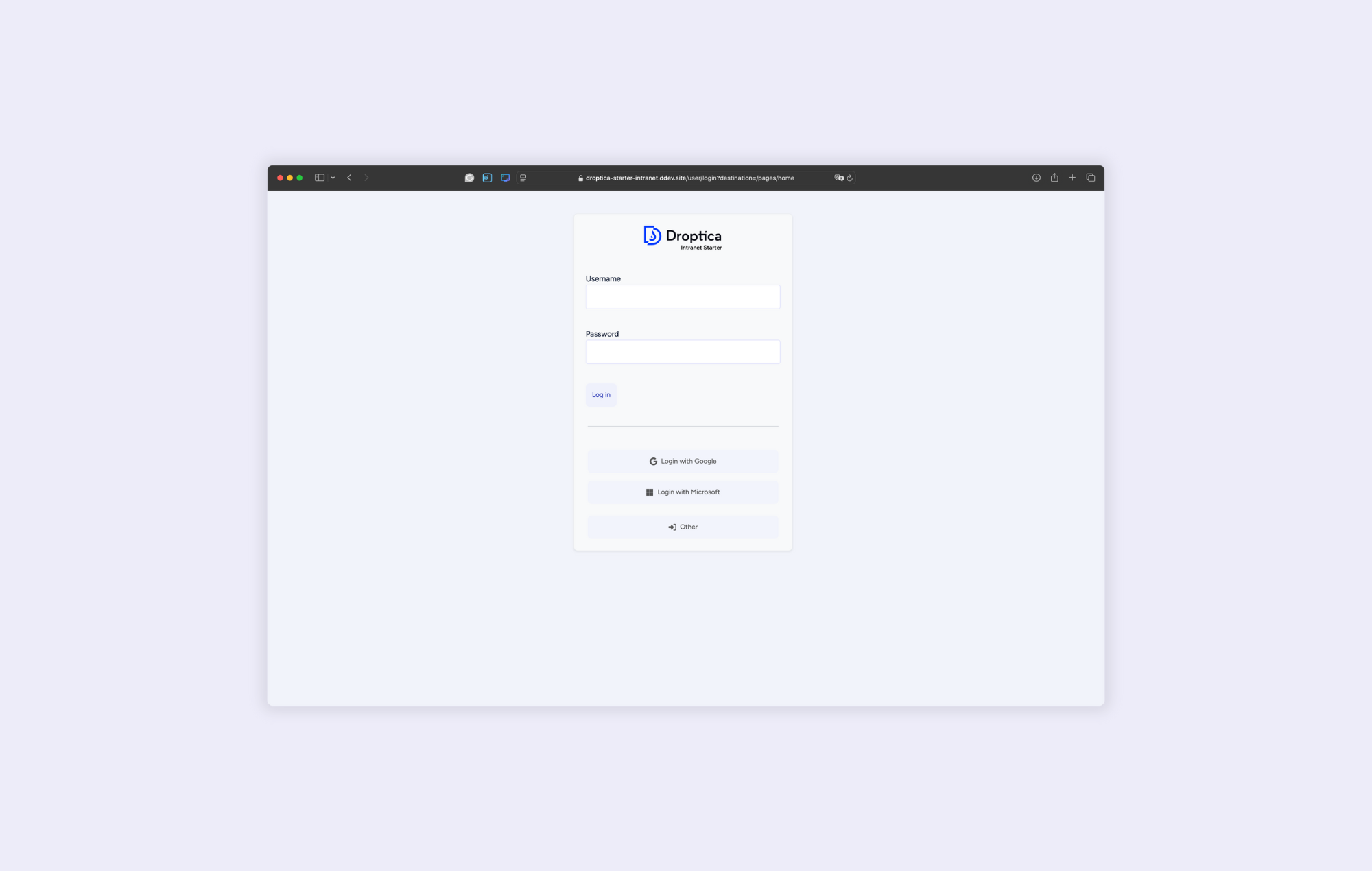 Okno logowania do intranetu Droptica, zintegrowane z LDAP, kontem Google i Microsoft.