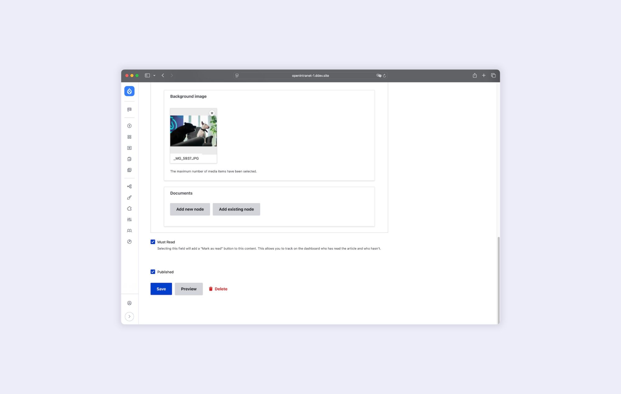Okno w Open Intranecie z widokiem artykułu, w którym można skorzystać z funkcji "must read".