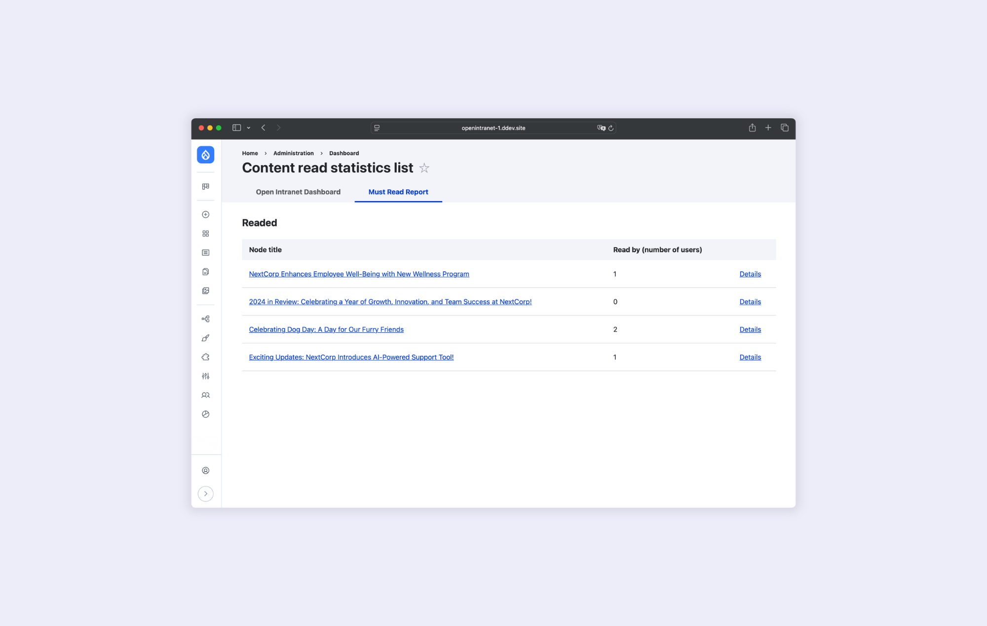 Widok raportów w systemie intranetowym Open Intranet, w którym można zobaczyć użytkowników czytających treści "must read".