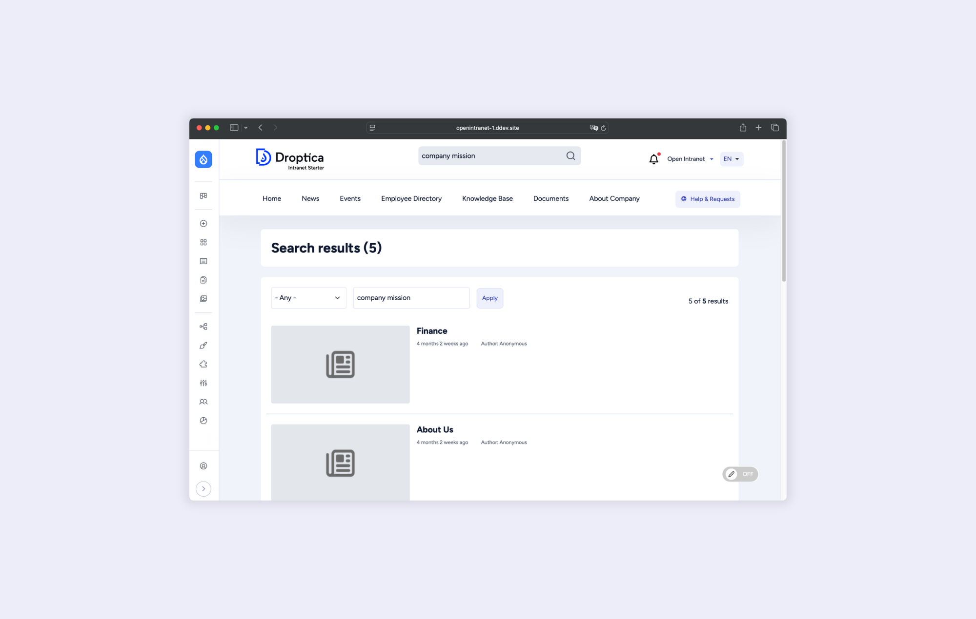 Widok wyników wyszukiwania w intranecie open source Open Intranet.