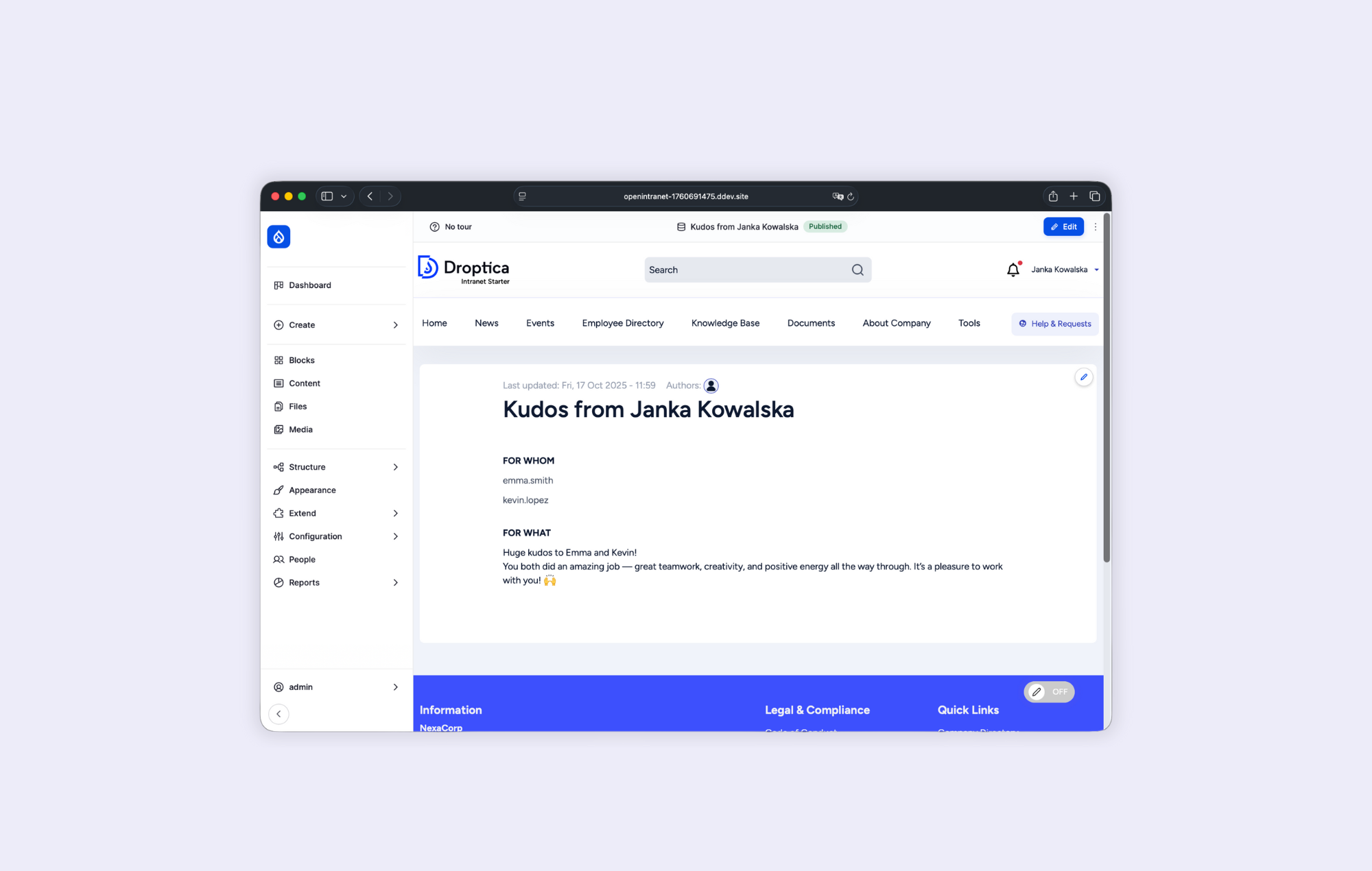 System uznania dla pracowników w Open Intranecie.