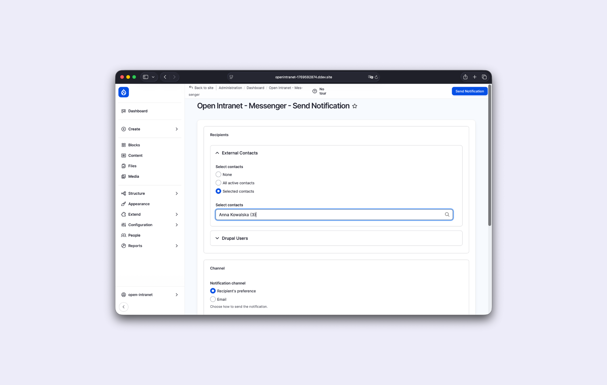 Messenger w Open Intranet pozwala dotrzeć do wszystkich pracowników nawet bez konta w intranecie.