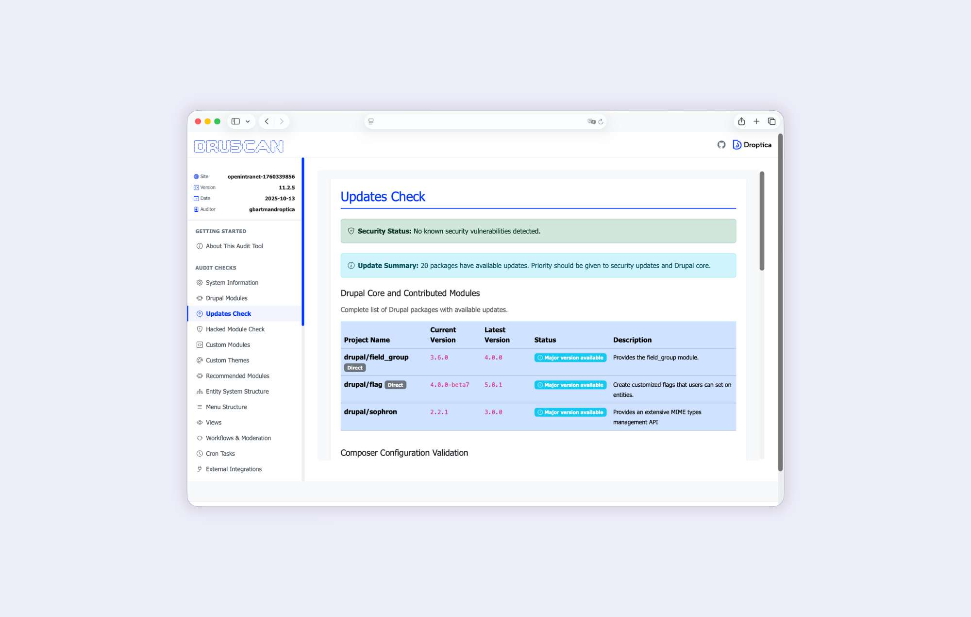 Narzędzie do audytu Drupala prezentuje rekomendacje, które moduły wymagają aktualizacji. 