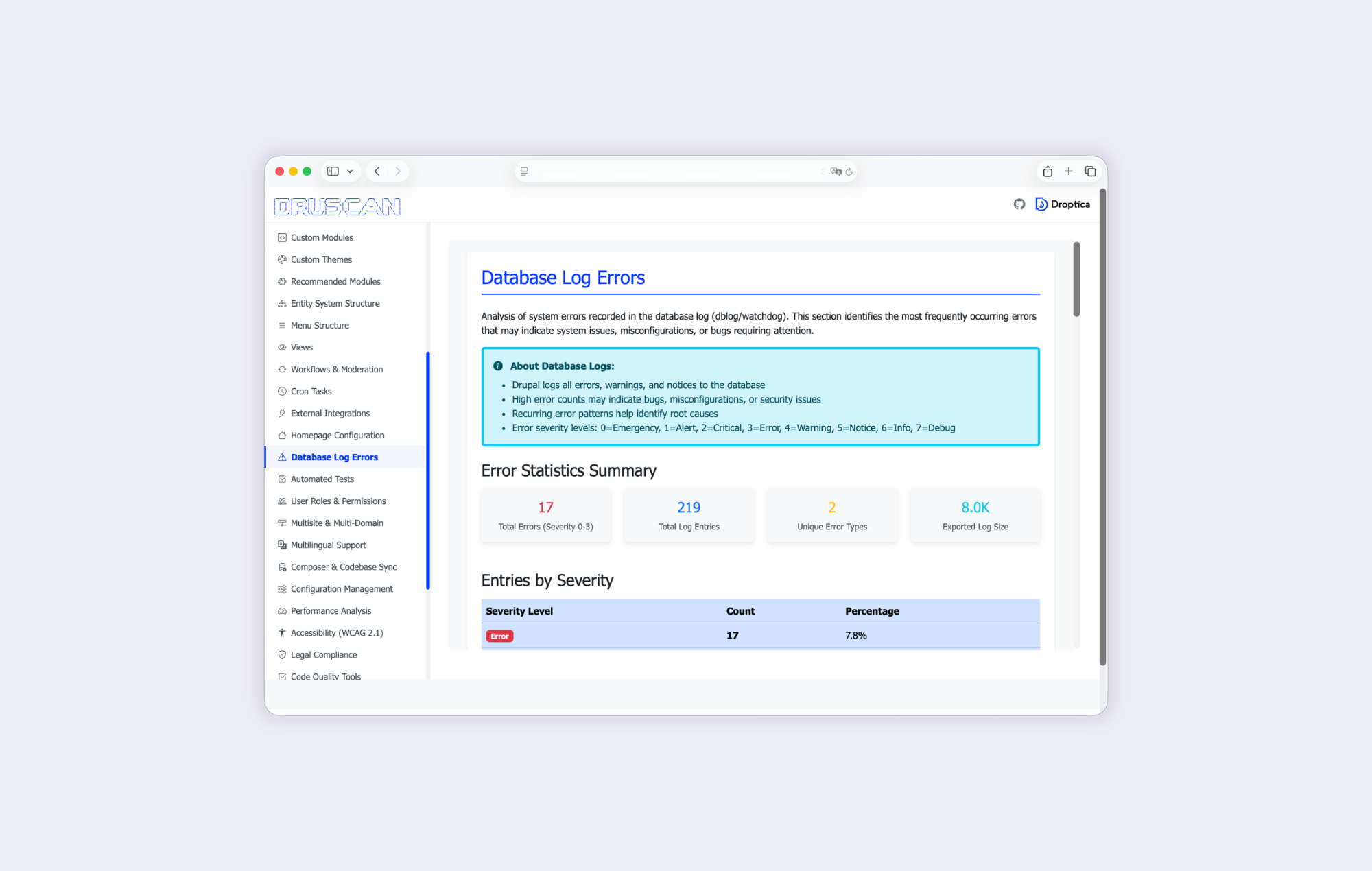 Raport z audytu Drupala z Druscan wyłapuje błędy i problemy wydajnościowe związane z bazą danych.