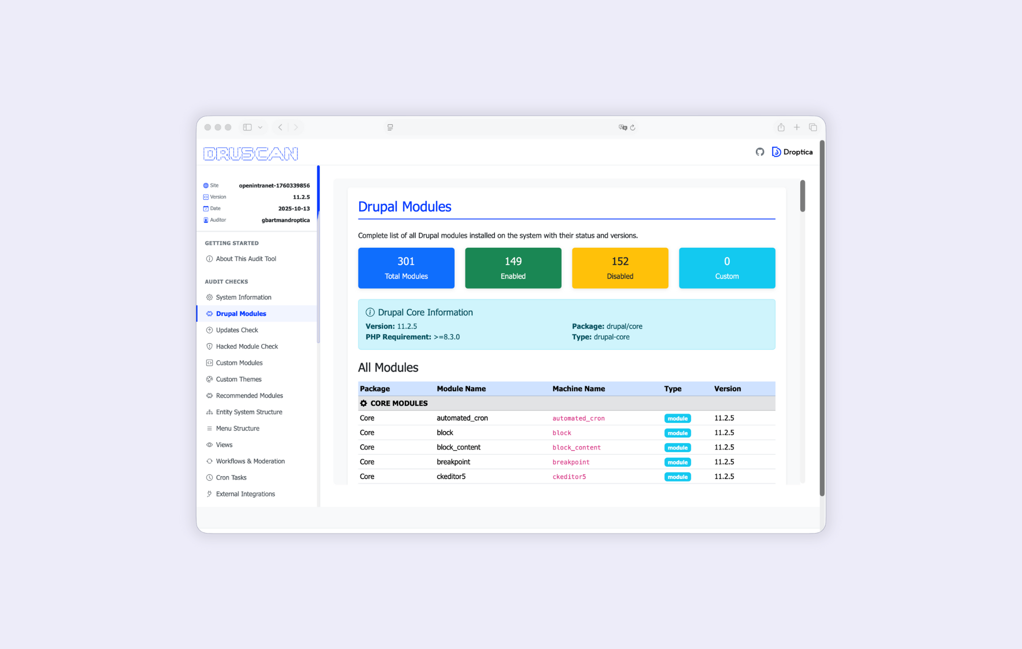 Druscan generuje pełną listę modułów w Drupalu, pokazując ich wersje i alerty bezpieczeństwa.
