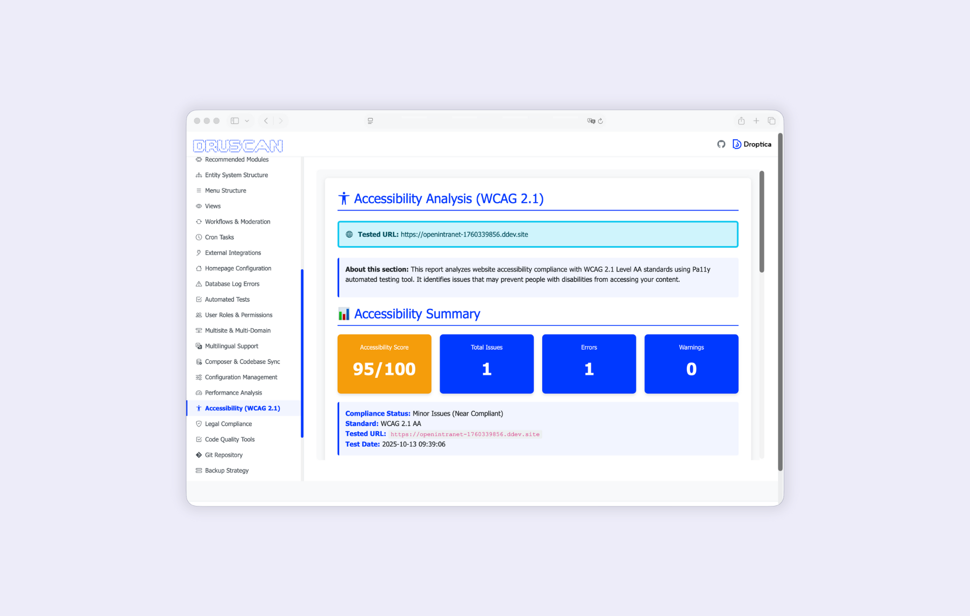 Druscan pokazuje takie metryki wydajności jak PageSpeed, zgodność z WCAG czy UX i SEO.