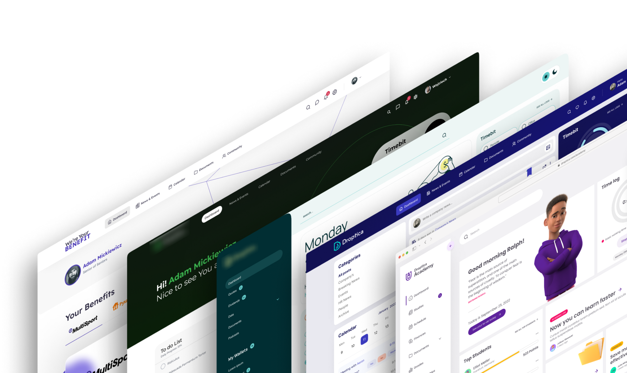 Zbiór przykładowych platform intranetowych zrealizowanych w ramach usługi wdrożenie intranetu przez Droptica.