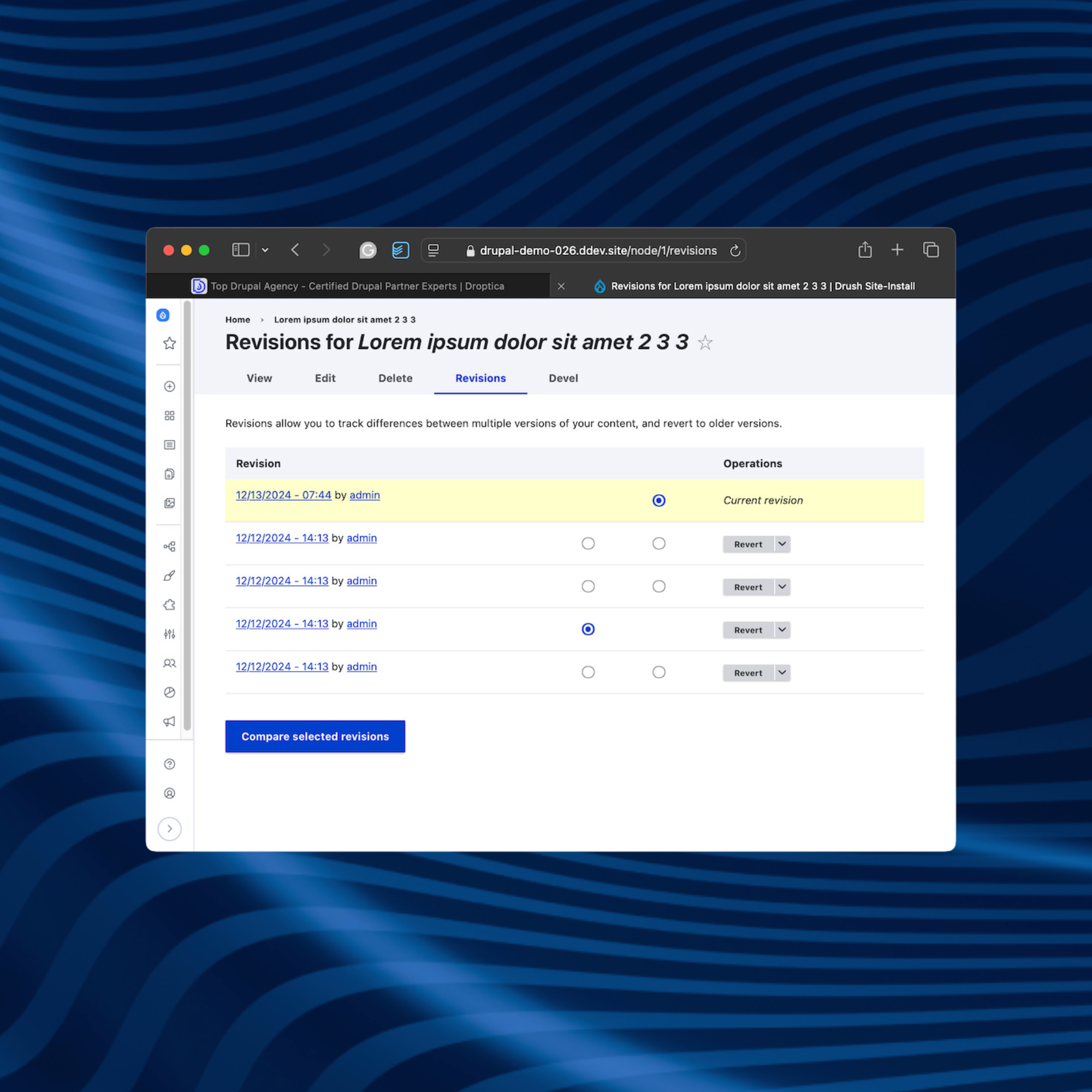 Przykład funkcjonalności kontrola wersji w Drupalu, pozwalającej monitorować zmiany w systemie CMS.