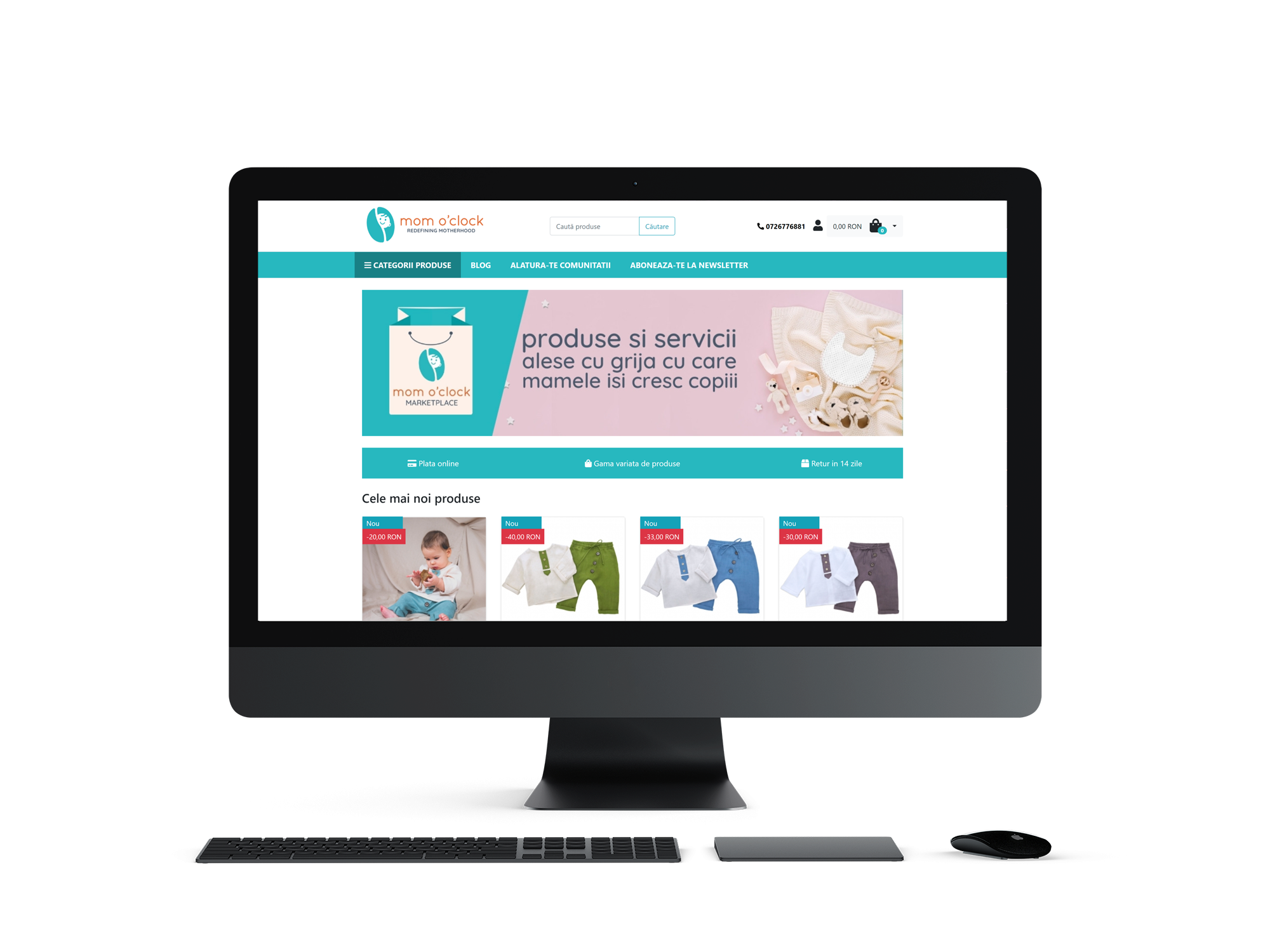 Monitor z wyświetloną stroną główną platformy marketplace Mom O'clock