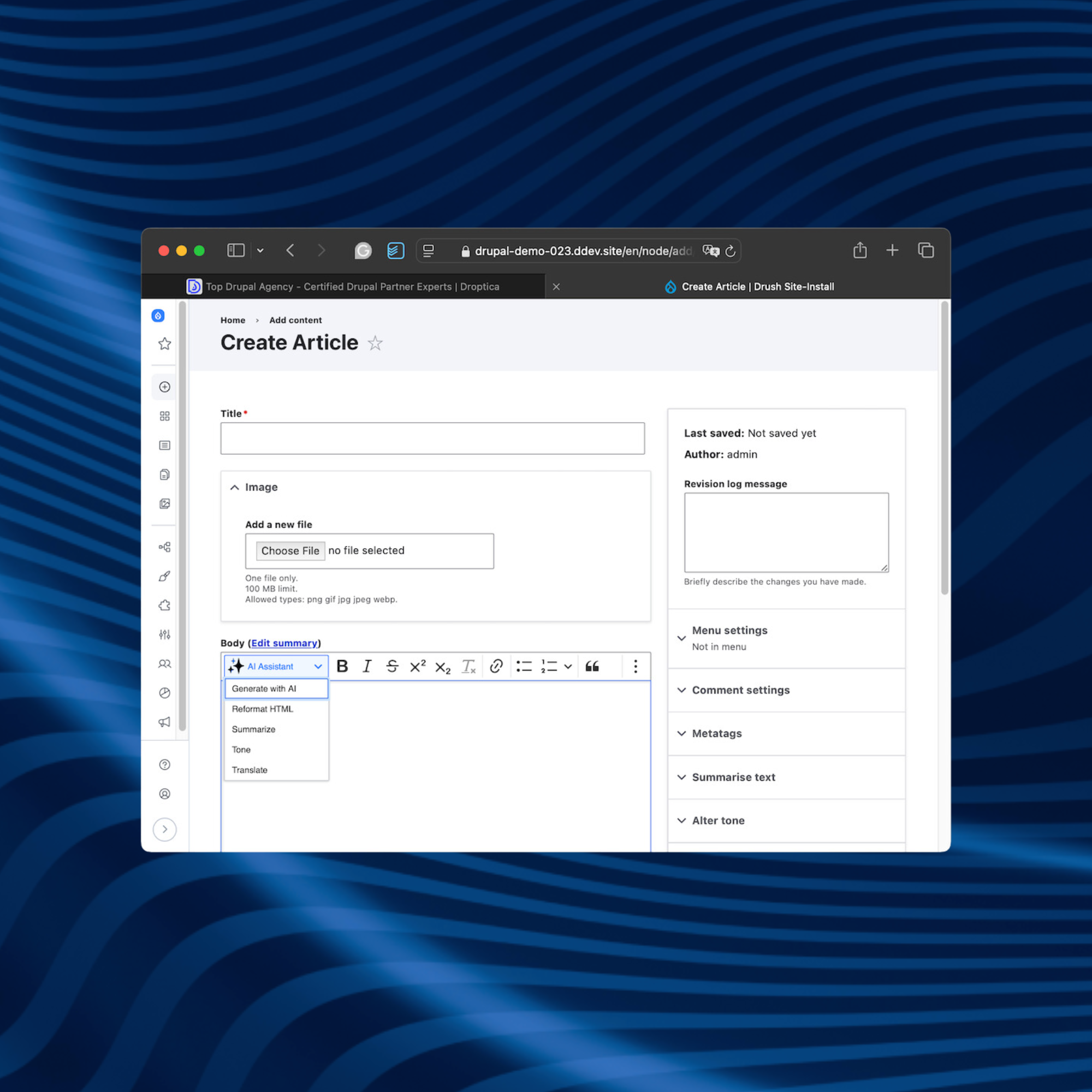 Widok ekranu z asystentem AI w edytorze tekstowym w CMS Drupal, który ułatwia tworzenie treści.