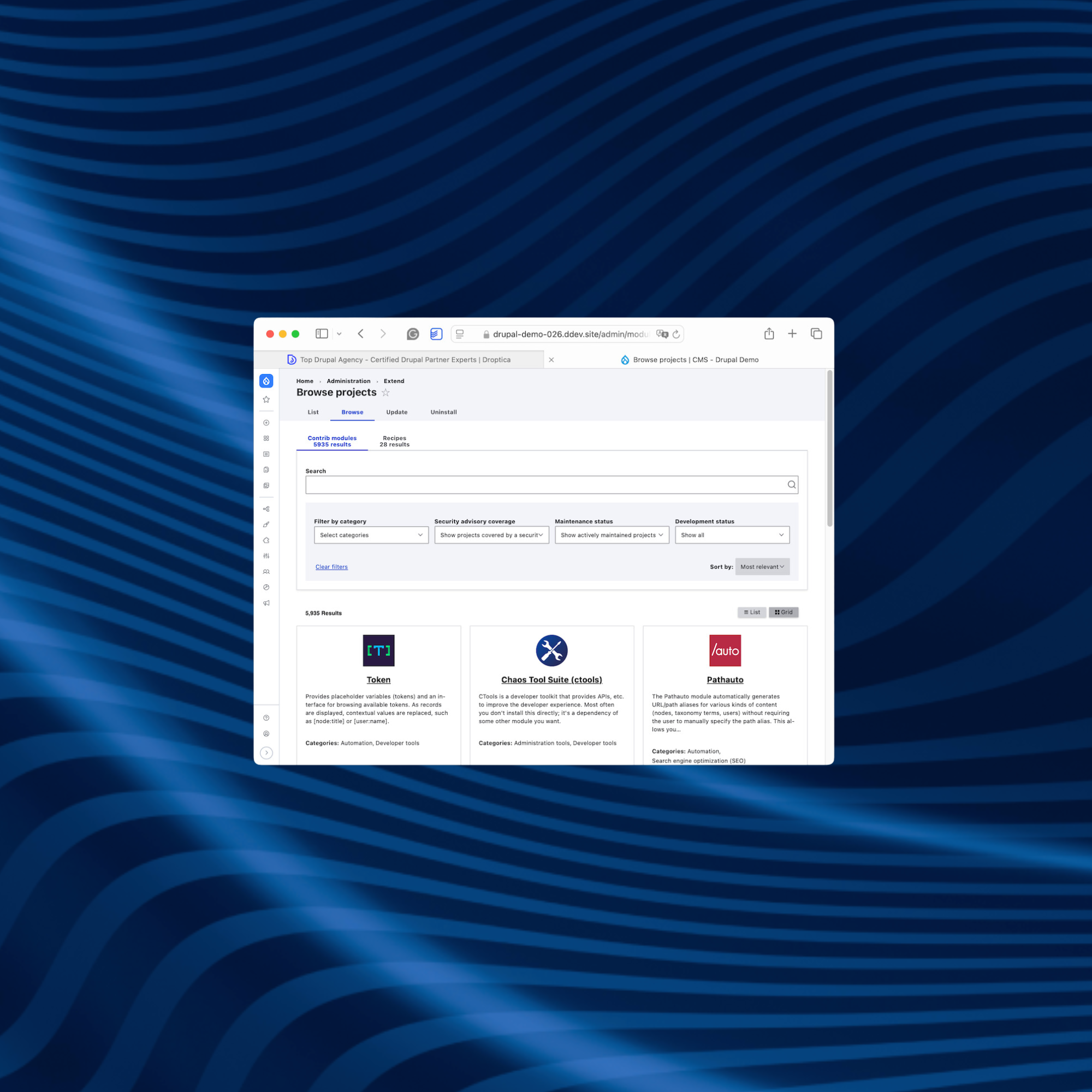 Widok sekcji w Drupalu, gdzie można wyszukać dodatkowe funkcjonalności do wdrożenia w systemie CMS.