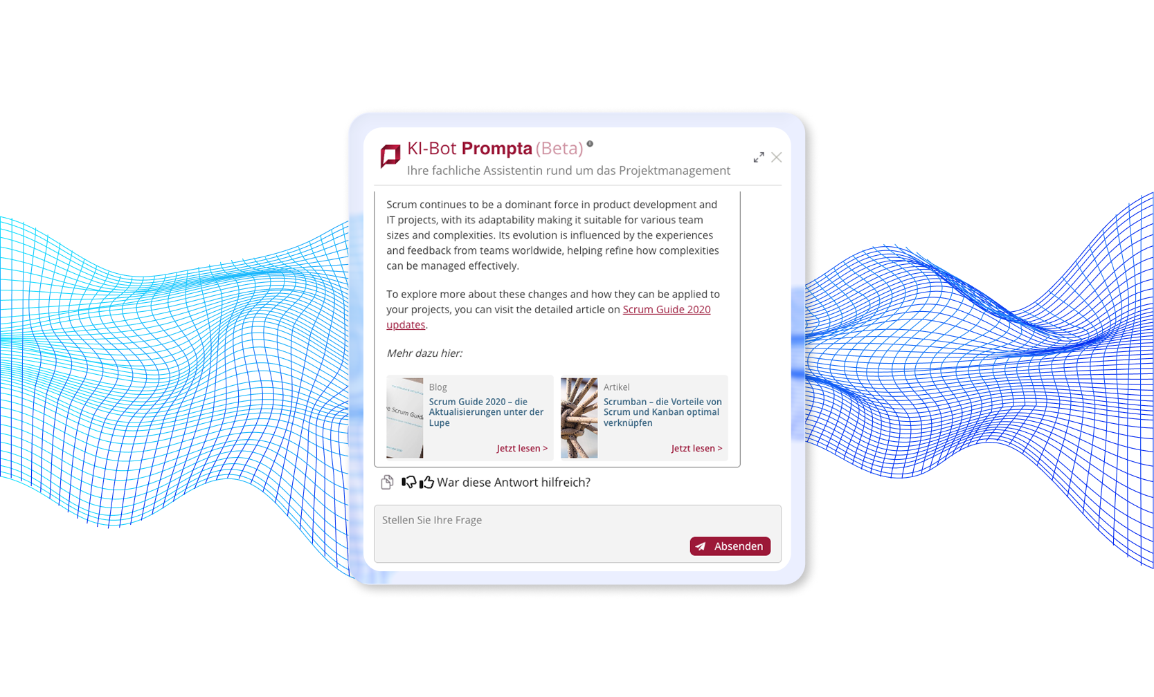 Grafika przedstawiająca chatbot AI z odpowiedzią i dodatkowymi źródłami zasobów dla użytkownika.