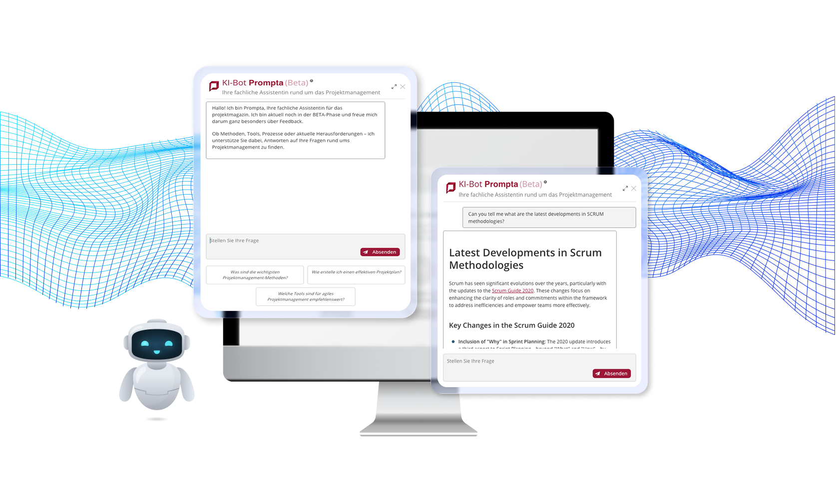 Grafika prezentująca wizualną odsłonę chatbota AI wdrożonego na platformie ProjektMagazin.