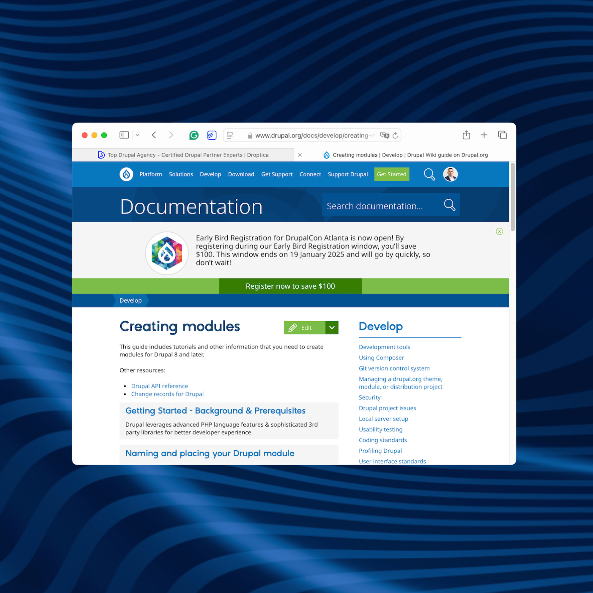 Strona internewa Drupal.org, na której społeczność Drupala dzieli się wiedzą i usprawnieniami systemu.