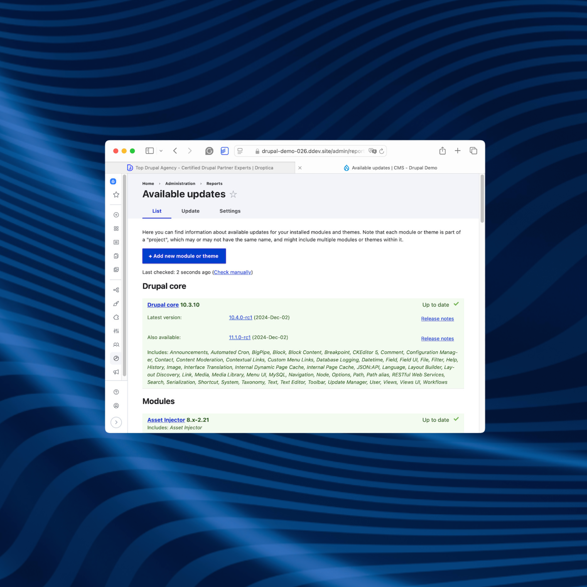 Ekran z sekcją w Drupalu informującą o dostępnych uaktualnieniach rdzenia systemu CMS oraz modułów.