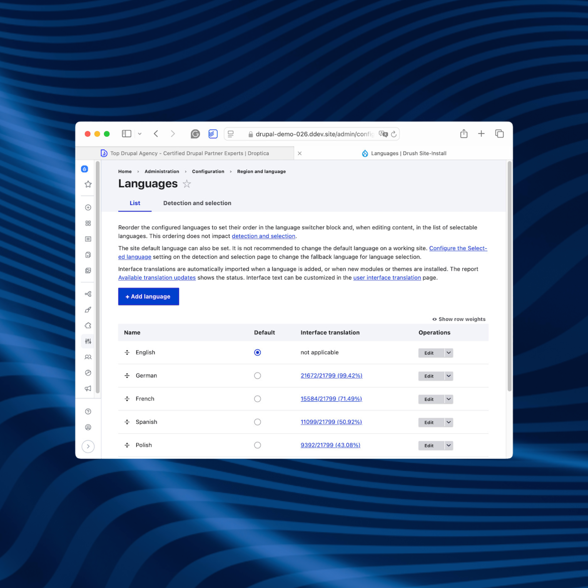 Widok ekranu z ustawieniami języków i lokalizacji dla strony opartej na systemie CMS Drupal.