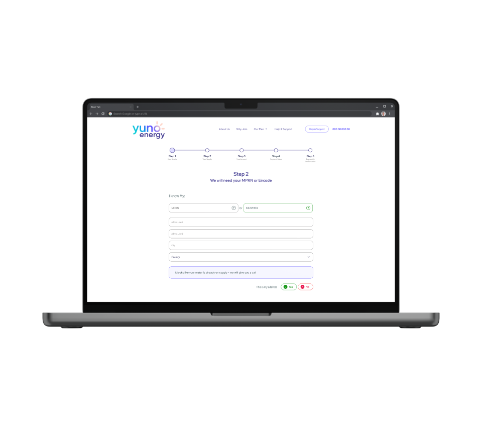 Ekran z rozbudowanym formularzem na stronie na Drupalu dla dostawcy energii elektrycznej Yuno Energy
