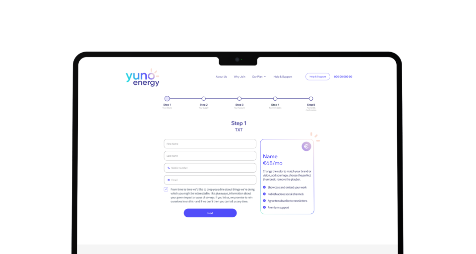 Jedną z funkcjonalności strony Yuno Energy jest wieloetapowy formularz rejestracyjny dla klientów.