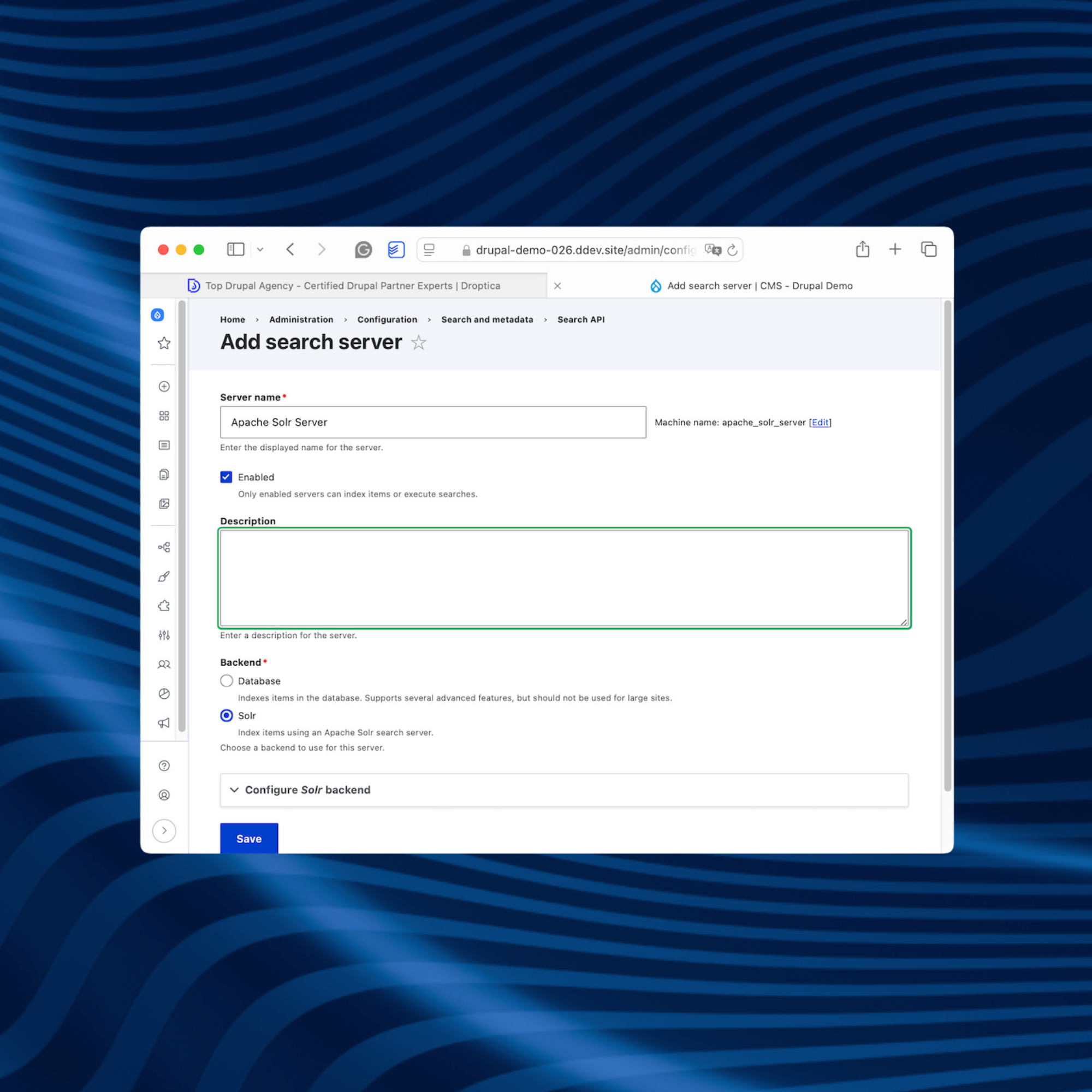 Ekran z konfiguracją Apache Solr do tworzenia zaawansowanej wyszukiwarki na stronie w CMS Drupal.