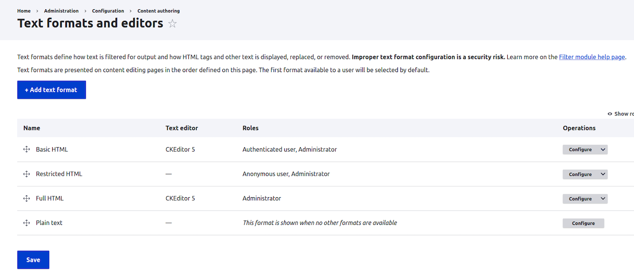 W panelu administracyjnym Drupala można skonfigurować edytor CKEditor 5 dla używanych pluginów.