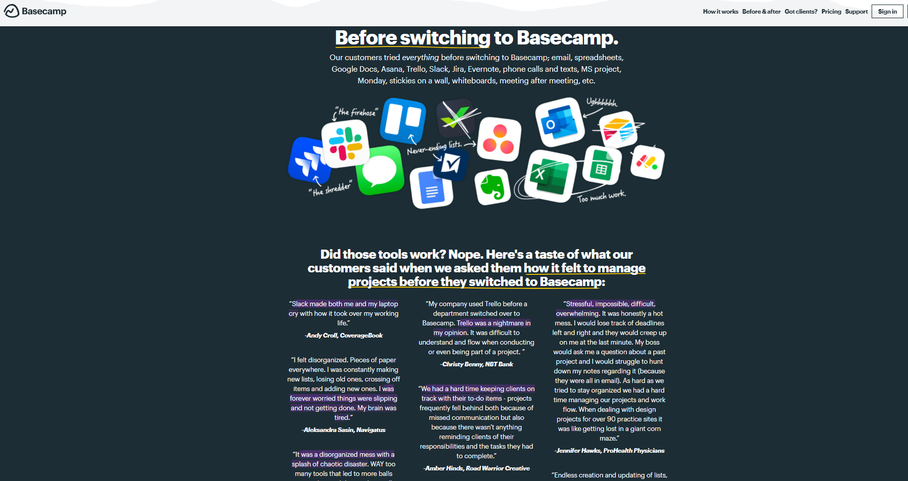 Na stronie Basecamp można zobaczyć opinie z problemami użytkowników i referencje napisane po skorzystaniu z produktu firmy