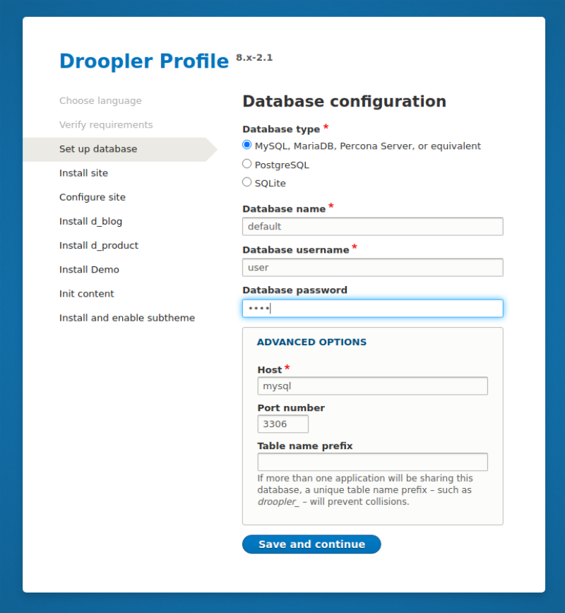 Konfigurowanie bazy danych w instalatorze Drooplera, kreatorze stron internetowych