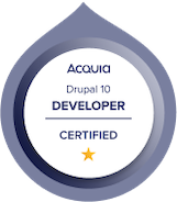 Odznaka certyfikacyjna Acquia dla programistów Drupal 10, których mamy w Droptica.