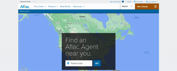 Na stronie firmy Aflac użytkownik może znaleźć agenta ubezpieczeniowego za pomocą interaktywnej mapy. 