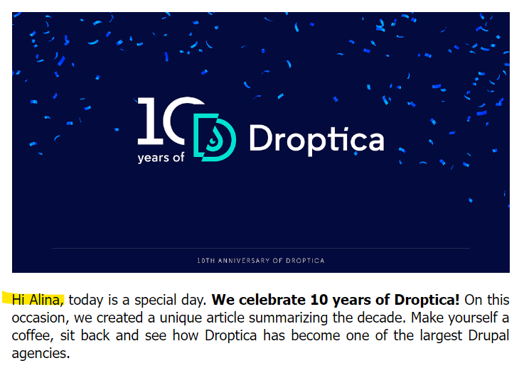 Przykład personalizacji wiadomości z użyciem imienia odbiorcy w kampanii mailingowej Droptica. 