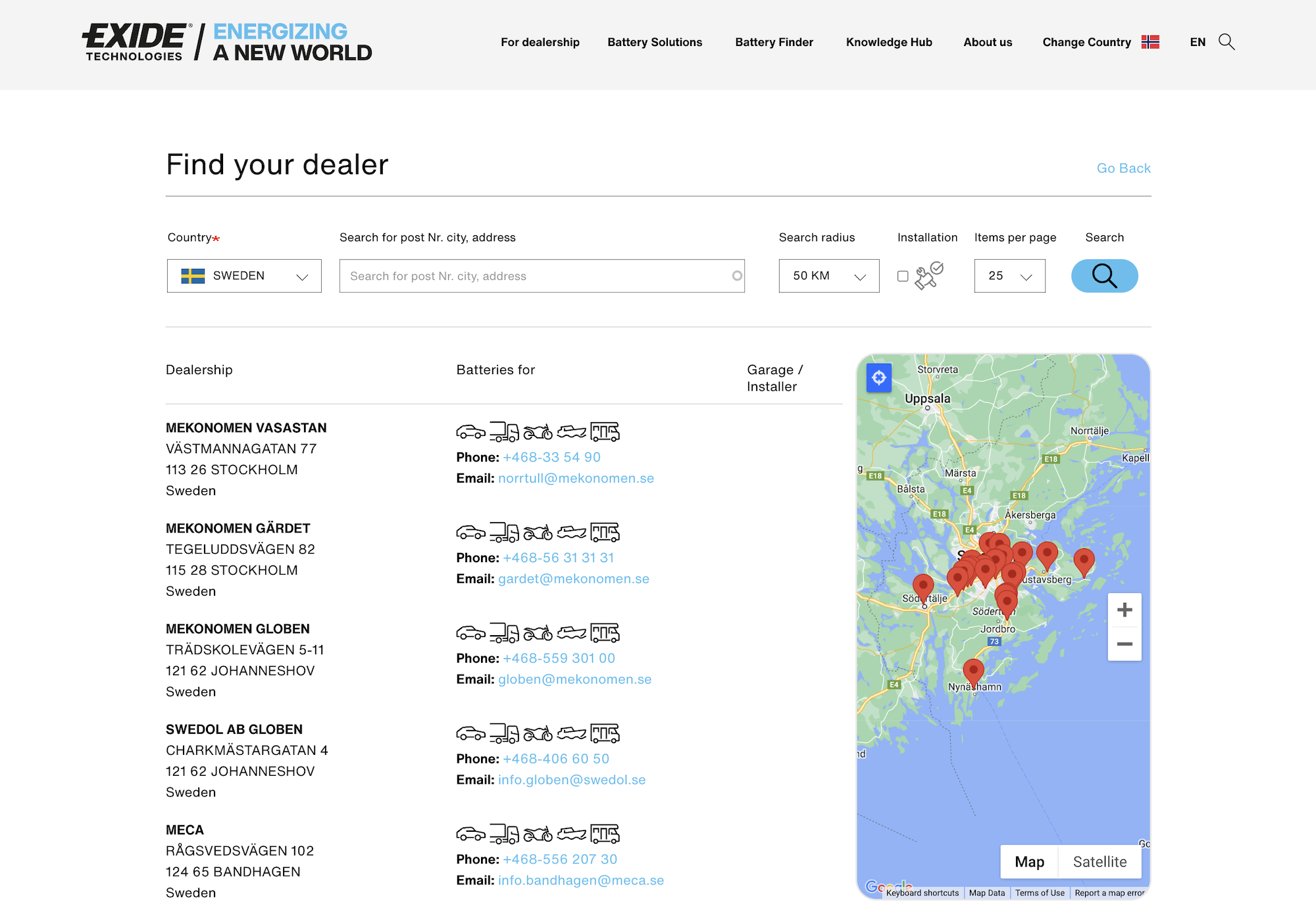 Na stronie internetowej Exide Group z branży przemysłowej można znaleźć narzędzie dealer locator.