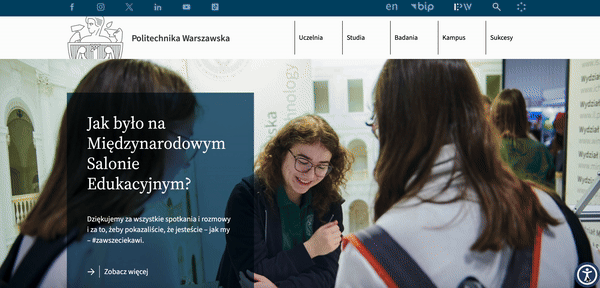 Strona internetowa Politechniki Wrocławskiej to przykład dobrze przemyślanej dostępności serwisu.