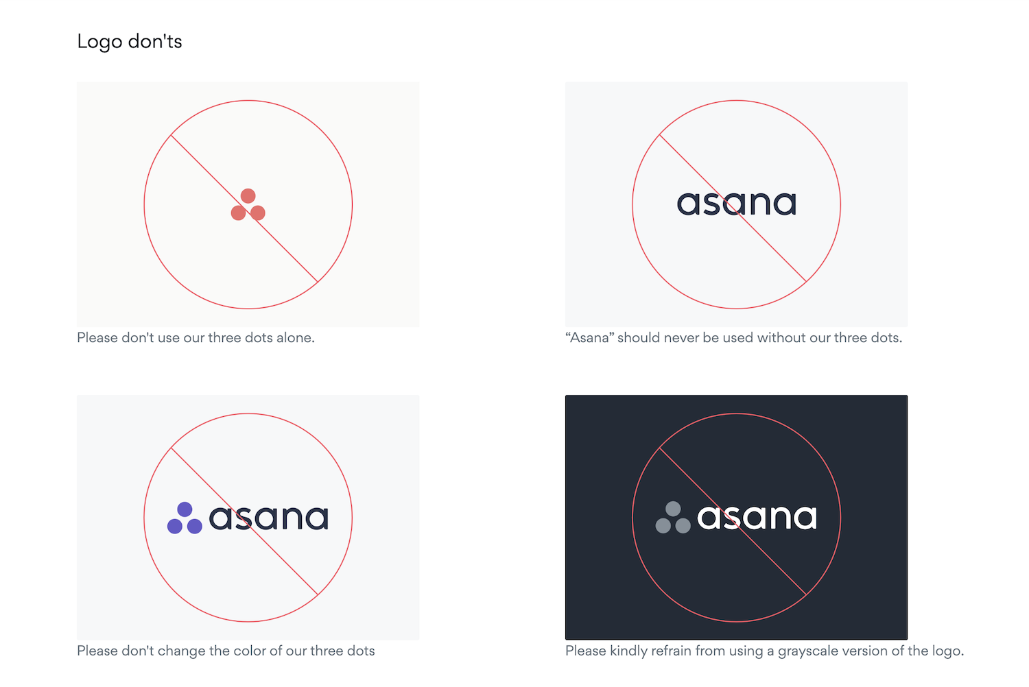 Style guide marki Asana zawiera część dotyczącą niedozwolonych praktyk modyfikacji logo w internecie