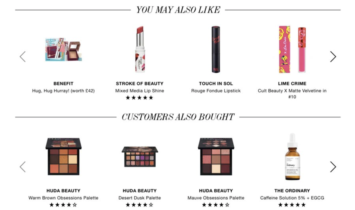 Przykład spersonalizowanej rekomendacji produktów w sklepie internetowym z kosmetykami dla kobiet.